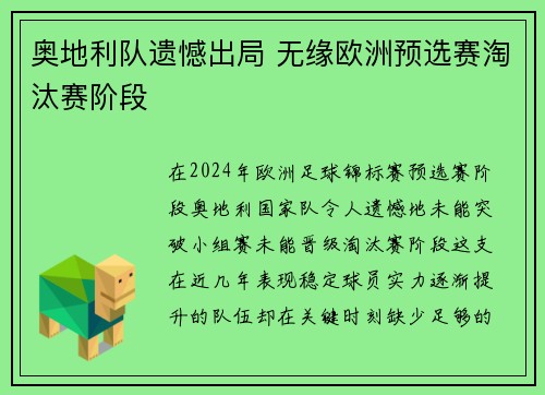 奥地利队遗憾出局 无缘欧洲预选赛淘汰赛阶段
